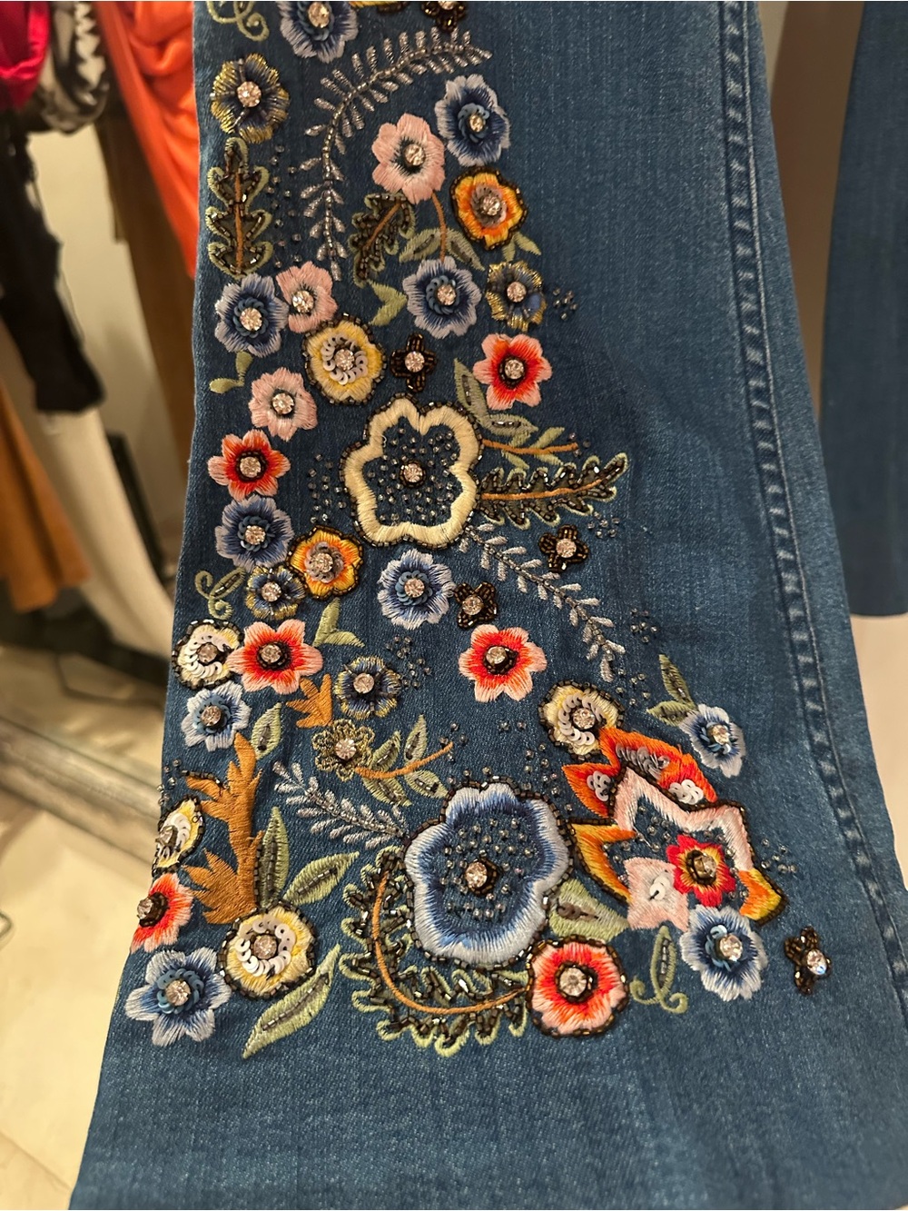 Alice + Olivia Blue Flare Jeans with Multicolor Floral Crystal bead Embroidery - Picture 10 of 12